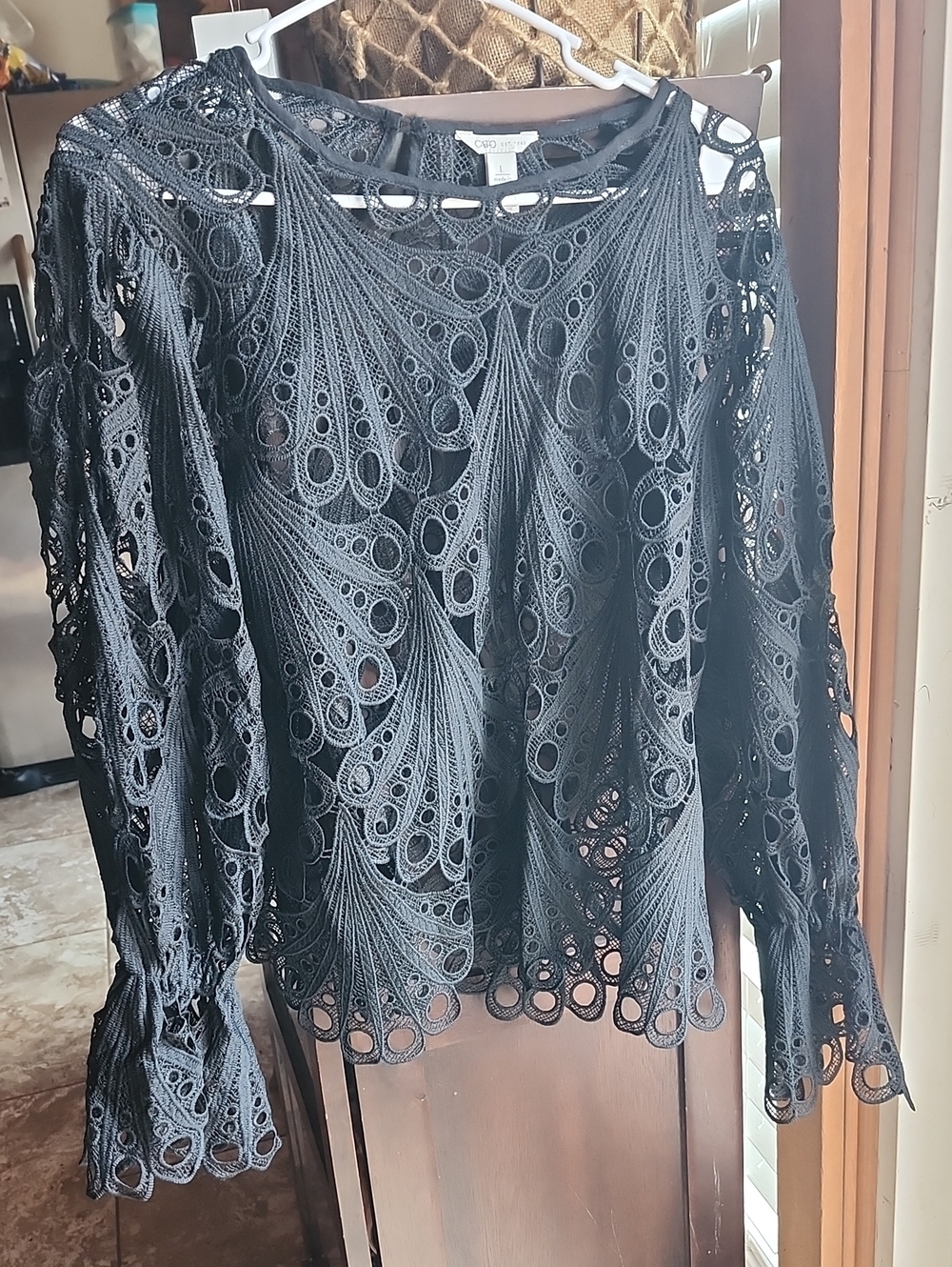 Black Crochet Lace Long-Sleeve Blouse